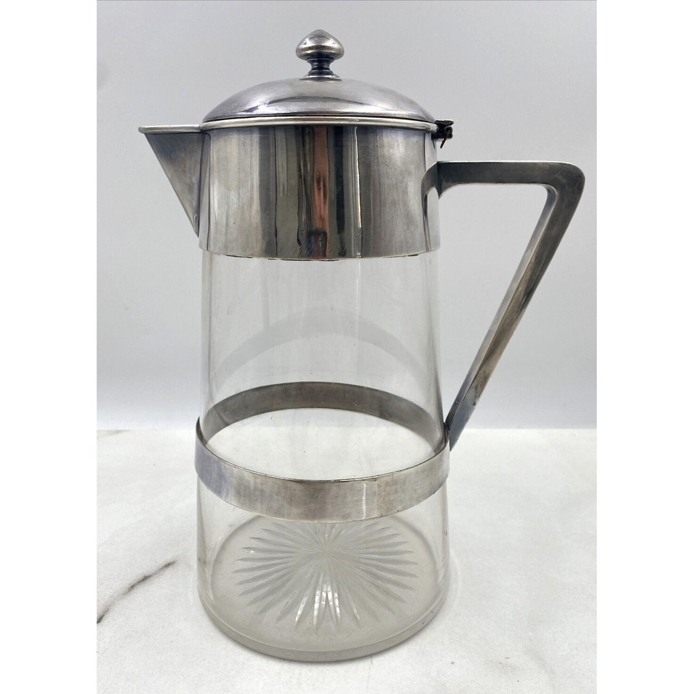 Elkington & Co Coffee Decanter Pitcher Sterling Silver Plate Clear Glass MCM